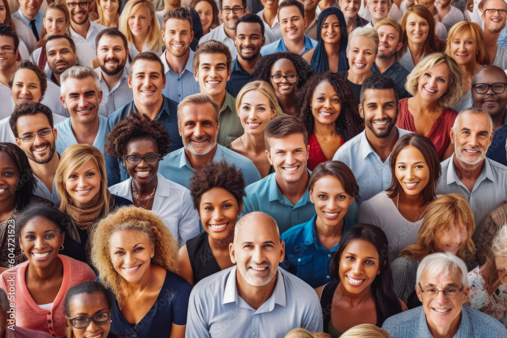 Multi ethnic people of different ages looking at camera. Crowd of diverse people. Generative AI