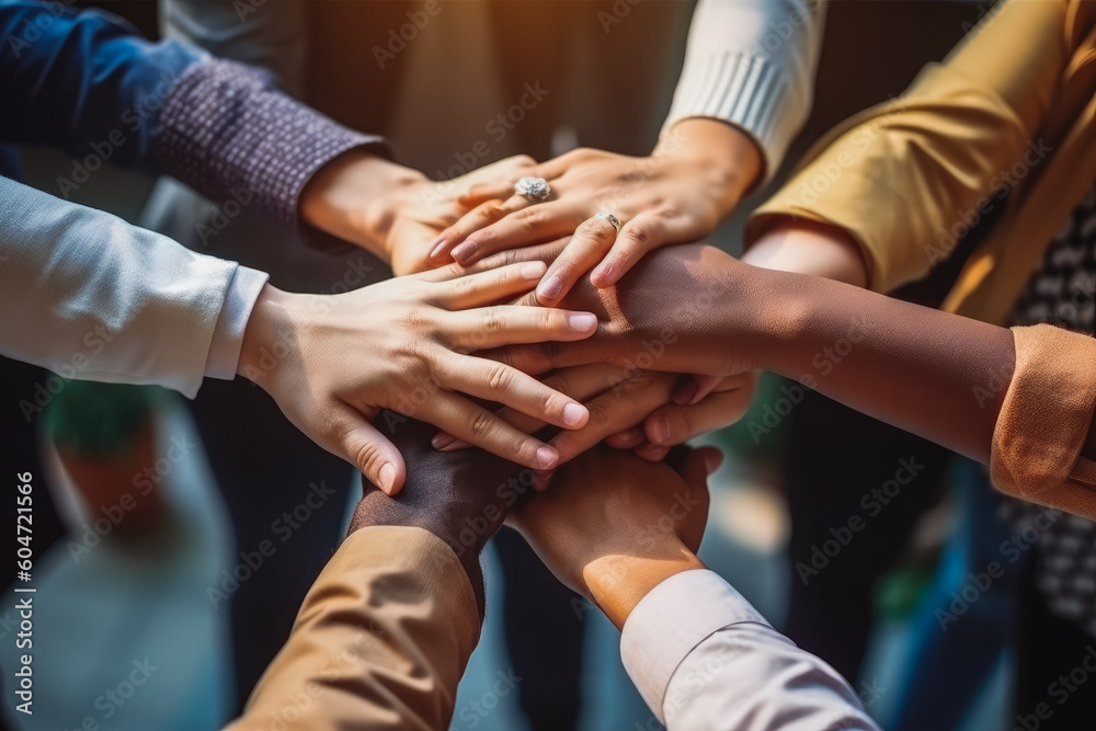 Team high five teamwork working together diverse hands. Group of people join hands to show teamwork. Generative AI Team high five teamwork working together diverse hands. Group of people join hands to show teamwork. Generative AI
