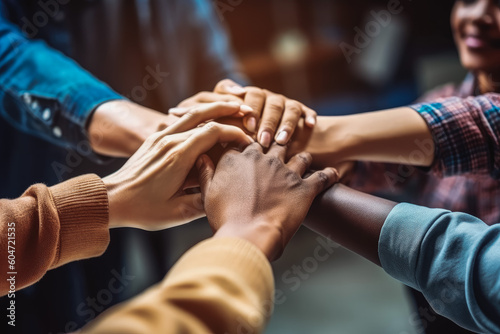 Team high five teamwork working together diverse hands. Group of people join hands to show teamwork. Generative AI