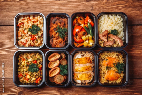 Food in lunch boxes. Different tasty food from delivery service on wooden background. Ukrainian cuisine food in paper containers. Generative AI © VisualProduction