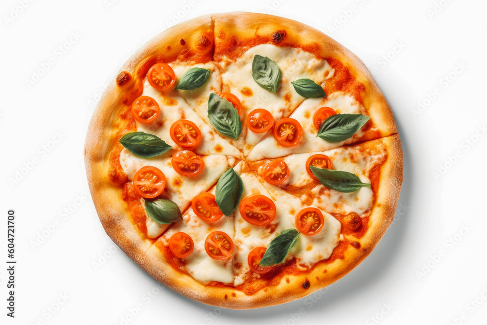 Hot pizza margarita with mozzarella cheese and basil and tomato on white background. Fresh pizza, Italian cuisine and lifestyle concept. Generative AI Hot pizza margarita with mozzarella cheese and basil and tomato on white background. Fresh pizza, Italian cuisine and lifestyle concept. Generative AI