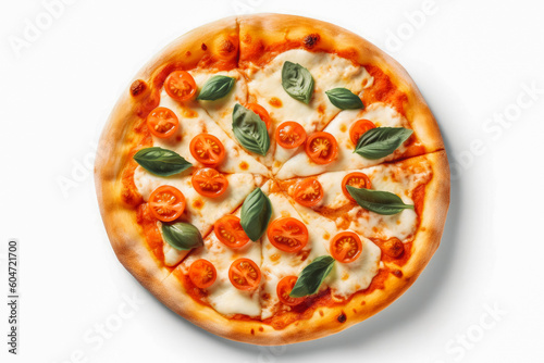 Hot pizza margarita with mozzarella cheese and basil and tomato on white background. Fresh pizza  Italian cuisine and lifestyle concept. Generative AI