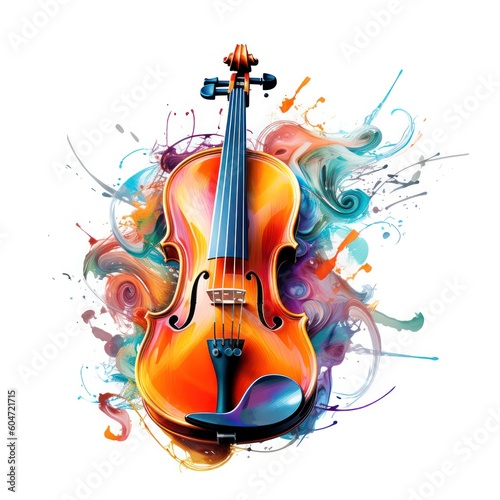 Abstract musical design with violin and colorful splashes, notes and waves on a white background. Colorful violin. watercolor style.Generative AI
