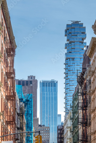 New York, USA - April 23, 2022: Photo of 56 Leonard Street or Jenga Building, a luxurious residential tower in Lower Manhattan.