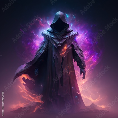 A dark and powerful being from the edge of the cosmos. Its body is made of ashen mist and purple chaos. It wears an iridescent cloak that is reminicent of a nebula. From another reality Generative AI