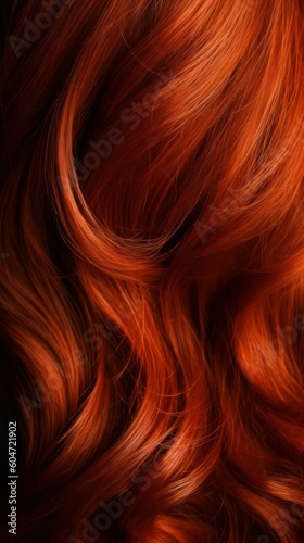 A closeup view of a bunch of shiny straight red hair in a wavy curved style. Generative AI