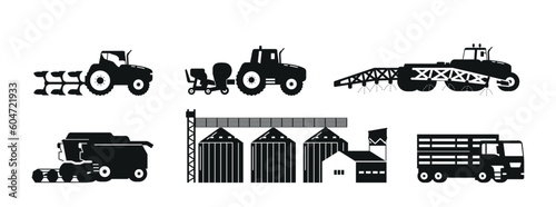 Set of Monochrome Black Icons Farm Machinery and Buildings Isolated on White Background. Tractor, Plower