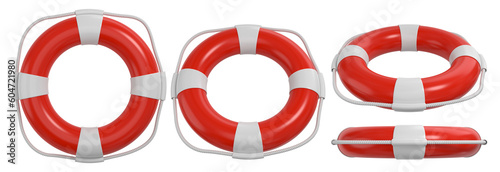 Red lifebuoy with a white rope isolated on transparent background. 3D rendered image set.
