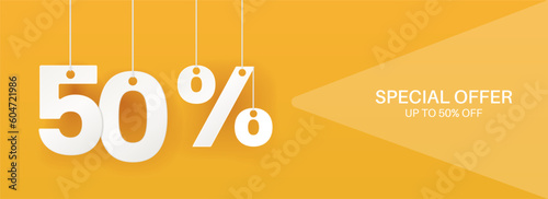 Wide yellow banner. 50 percent off banner.