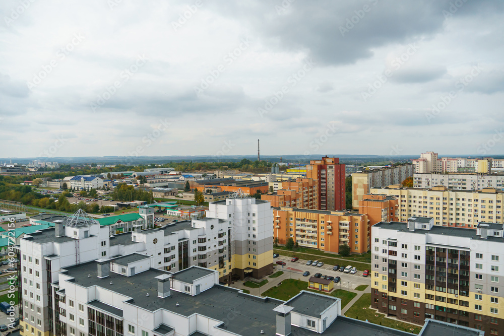 Dense urban development. A modern area of the city with beautiful multi-colored multi-storey buildings. Top view of the sleeping area of the city. Dense urban development. A modern area of the city with beautiful multi-colored multi-storey buildings. Top view of the sleeping area of the city.