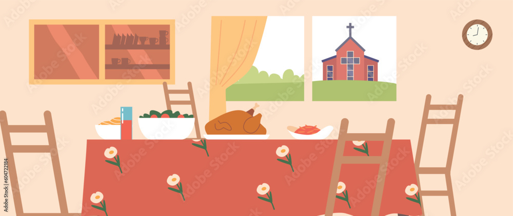 Kitchen Interior with Turkey on Table, Church View From Window. Perfect Setting For A Holiday Feast With Serene Ambiance