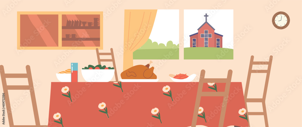 Kitchen Interior with Turkey on Table, Church View From Window. Perfect Setting For A Holiday Feast With Serene Ambiance Kitchen Interior with Turkey on Table, Church View From Window. Perfect Setting For A Holiday Feast With Serene Ambiance