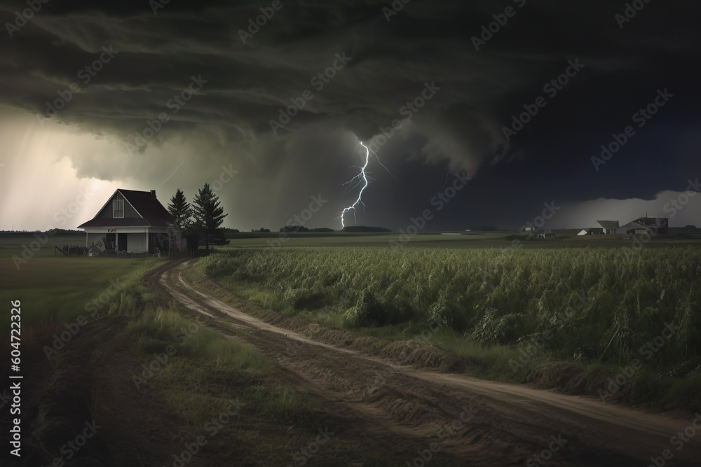 the approach of a huge tornado to a residential building on a farm in a field. storm, tornado, natural disaster. the concept of property insurance against accident and natural disaster.Generative AI