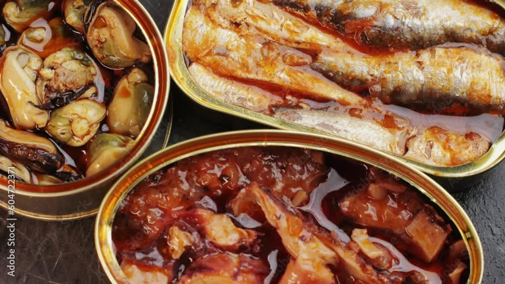 Spanish fish seafood Canned preserves food in tin open cans. sardines
