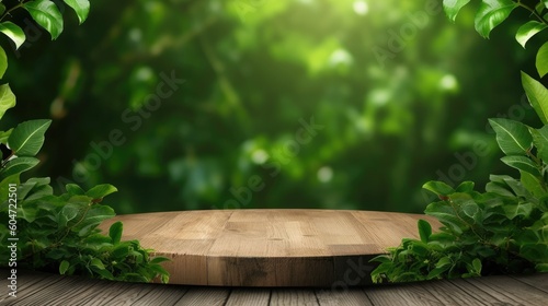 Wood Table Showcase  between Tropical Foliage