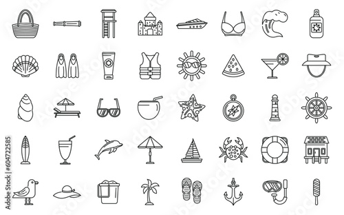 Seaside icons set outline vector. Summer sea. Resort island
