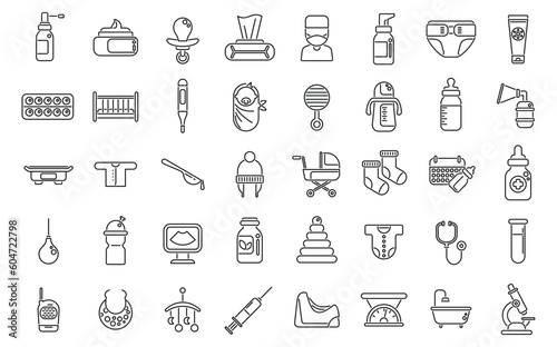 Baby health icons set outline vector. Breast milk. Pump mom