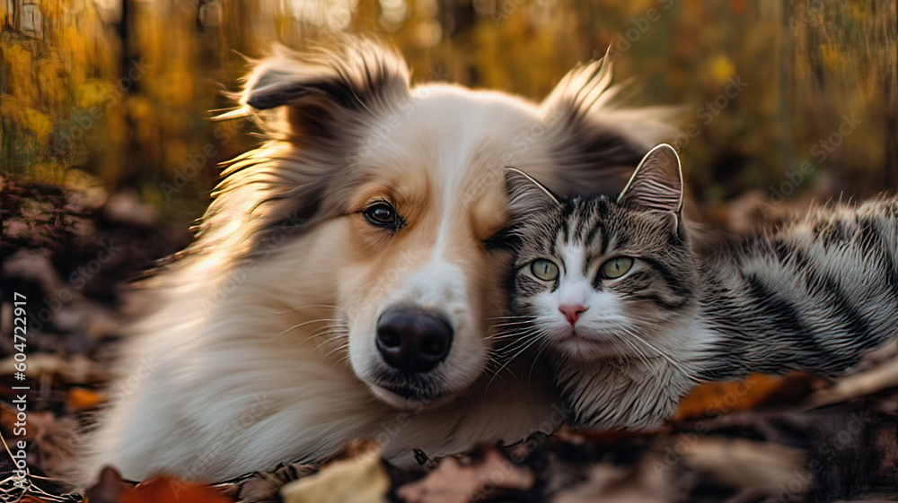 Cute friends dog and cat on grass