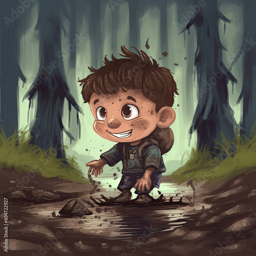 Cartoon Illustration of a Boy covered in mud