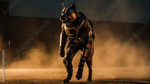 Photo realistic illustration of a cyborg guard dog German Shepherd, in post-apocalyptic wasteland. Anatomy and lighting reference. Generative AI.