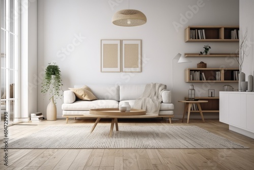 Interior of a white living room with a couch  side view  and coffee table on carpet. calming nook with bookshelves and oak floors. copy space wall mockup. Generative AI