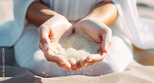 Hands releasing dropping sand. Sand flowing through the hands against blue ocean. Summer beach holiday vacation concept #604722999