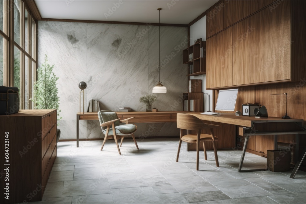 Fototapeta premium Interior Scene and Mockup, Modern study room and living area with contrasting colored wooden cabinets and white walls. Generative AI