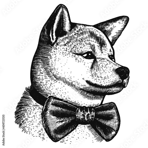 cute shiba inu dog wearing a bow vector portrait sketch