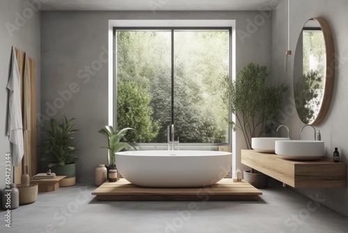 Interior of a Scandinavian bathroom with white bathtub and double sinks, gray walls, a concrete floor, and wide windows. a mockup. Generative AI © Lasvu