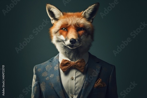 Anthropomorphic fox dressed in a suit like a businessman. Business Concept. AI generated, human enhanced