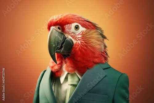 Anthropomorphic parrot dressed in a suit like a businessman. Business Concept. AI generated, human enhanced photo