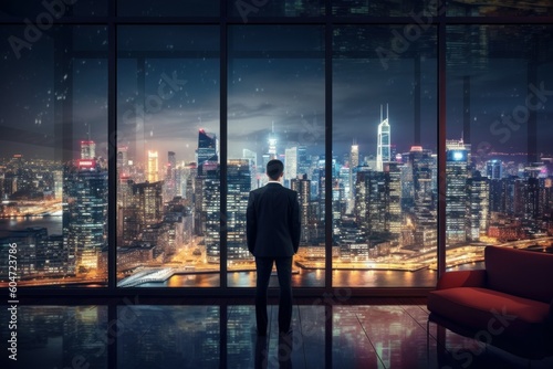 A businessman in a skyscraper office enjoys the views of the city lights at night. Man from the back. AI generated