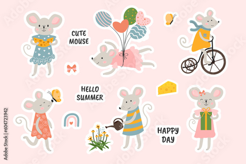 Set of stickers with cute mice. Vector Mouse. Mouse flying on balloons, watering flowers, eating cheese. Cartoon gray mouse in a beautiful dress. Isolated background. 