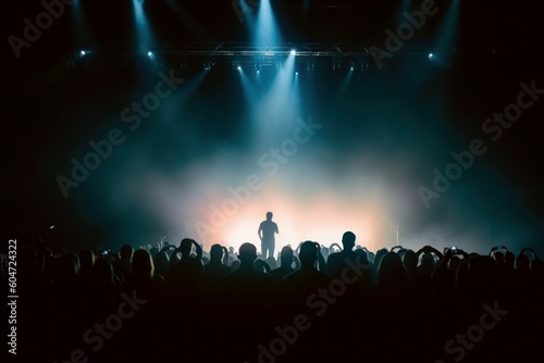 Silhouettes of people at a concert in front of the stage. The crowd at the grand show. AI generated, human enhanced