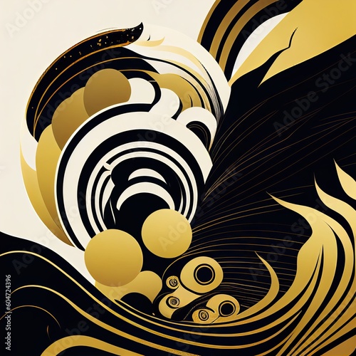 A beautiful mountain range design in gold, black and white contrasting with gold, black and white Ukiyo-e of Japan in oshie and maki-e Abstract, Elegant, and Modern AI-generated illustration photo