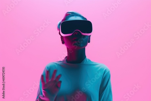 Young woman wearing virtual reality glasses in neon colors. AI generated, human enhanced.