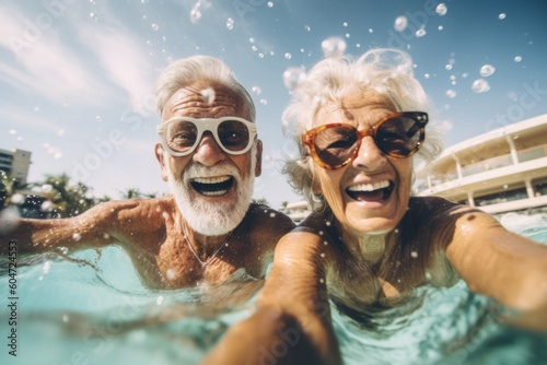 Happy retired senior couple on vacation at the resort. Travel concept. AI generated, human enhanced