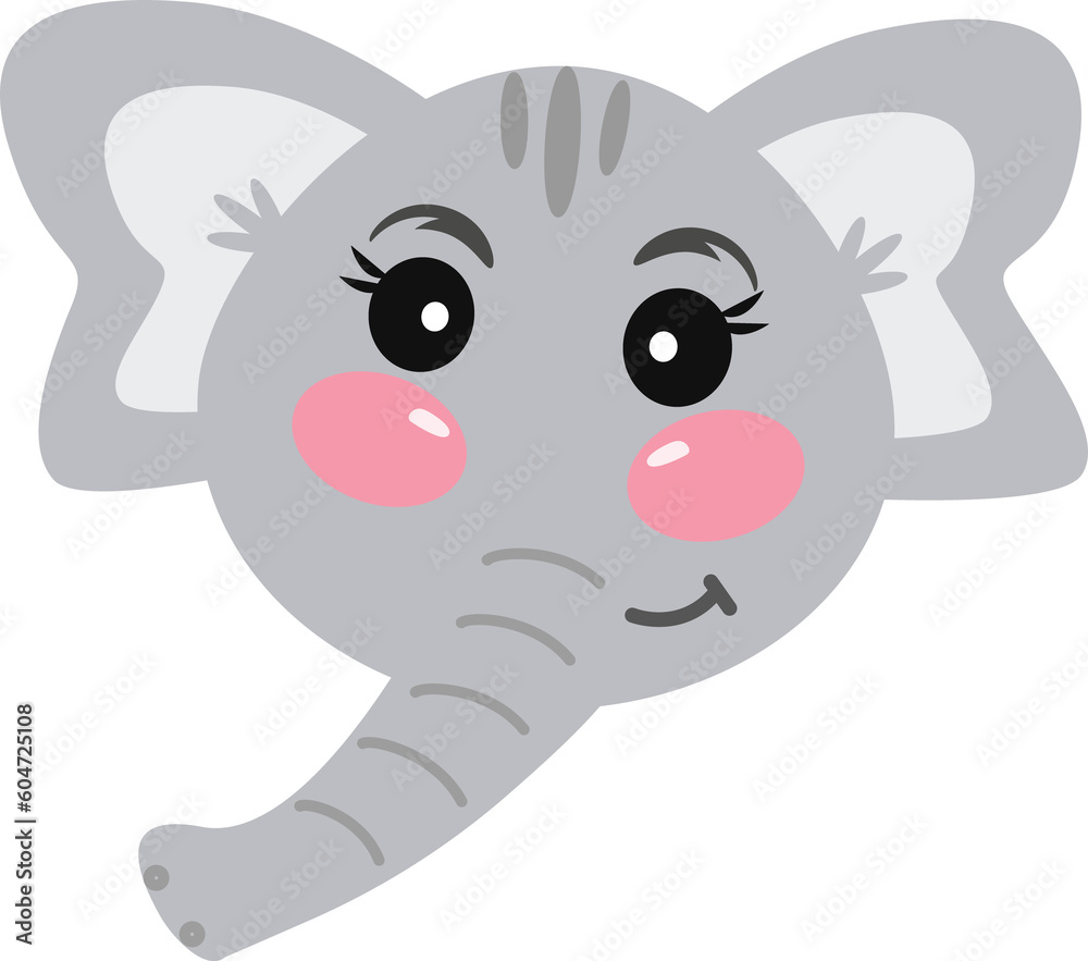 a little cute cartoon kawaii elephant face with pink cheeks and eyelashes