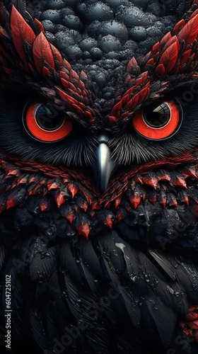 Close-Up of Owl Looking Forward in Dark, Black, and Red Tones. Generative ai