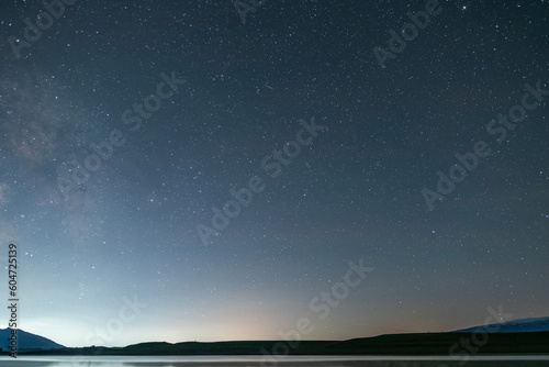 Beautiful night landscape. Starry sky galaxy over the lake .