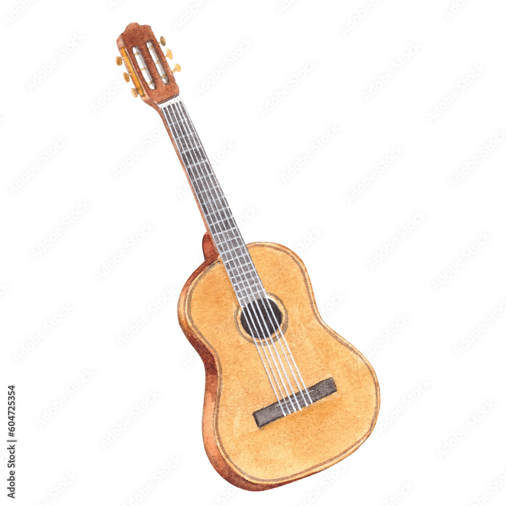 Obraz premium Classical guitar isolated on white background. Watercolor hand drawn illustration of a wooden stringed musical instrument. Clipart for postcards, stickers. Forest camping.