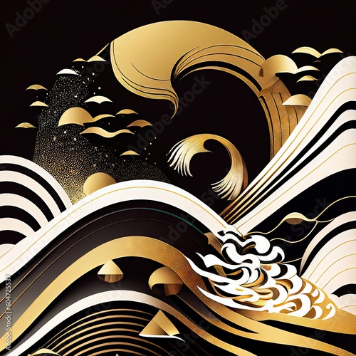 Gold, black and white nature-inspired oshie and maki-e mountains in traditional Japanese Ukiyoe Abstract, Elegant and Modern AI-generated illustration