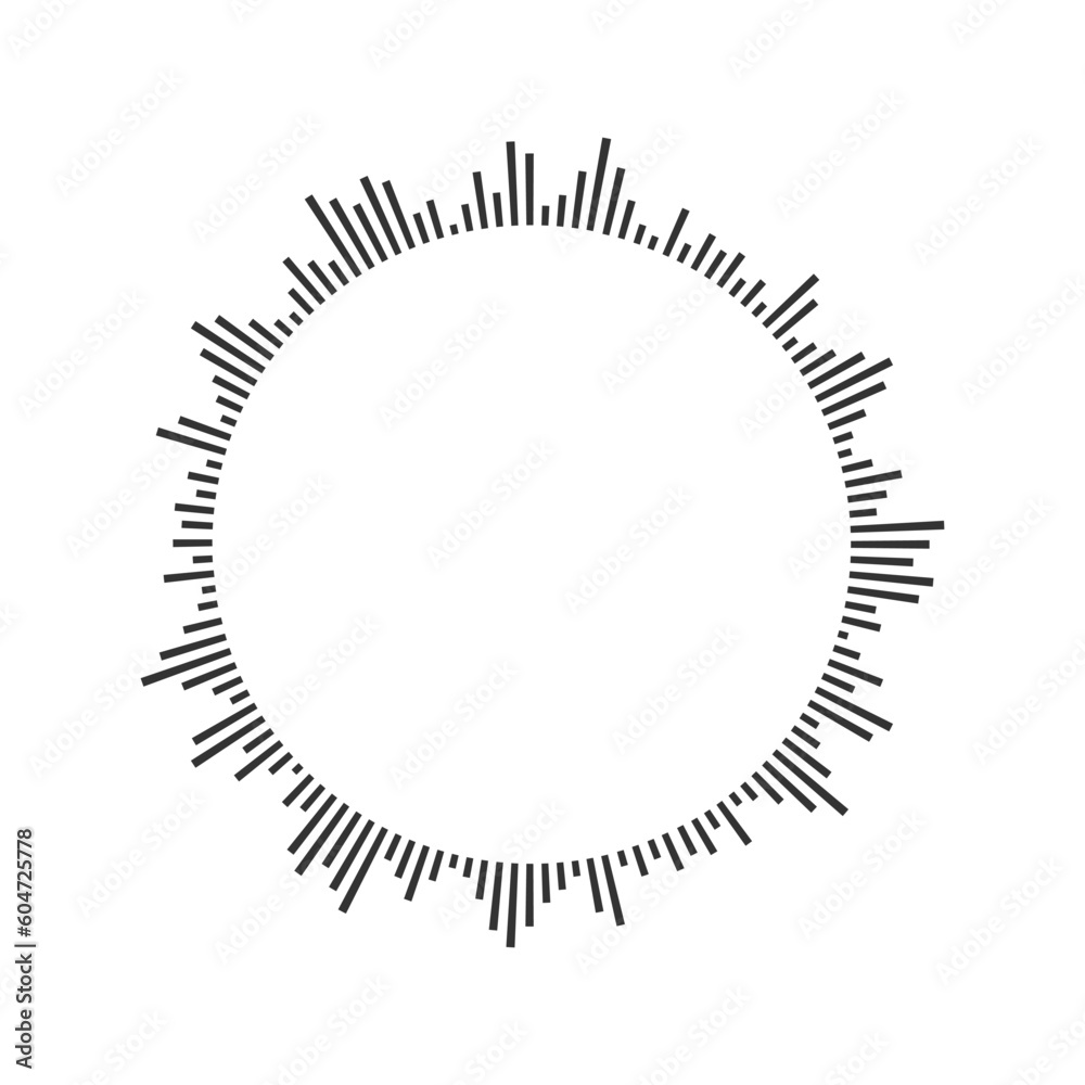 Round sound wave icon. Circle equalizer pictogram. Voice message, audio file in ring shape isolated on white background. Messenger, podcast mobile app, player element. Vector graphic illustration Round sound wave icon. Circle equalizer pictogram. Voice message, audio file in ring shape isolated on white background. Messenger, podcast mobile app, player element. Vector graphic illustration