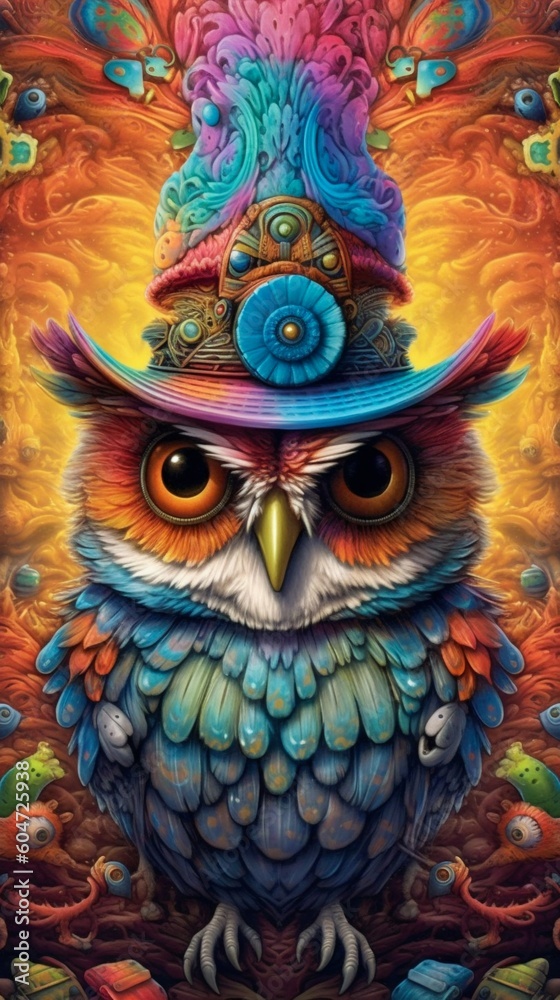 Obraz premium Abstract Colorful Portrait of an Owl Wearing a Hat. Generative ai