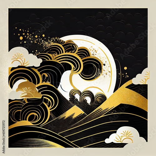 Japanese traditional Ukiyo-e gold, black and white rippled mountain range graphic design Abstract, Elegant and Modern AI-generated illustration