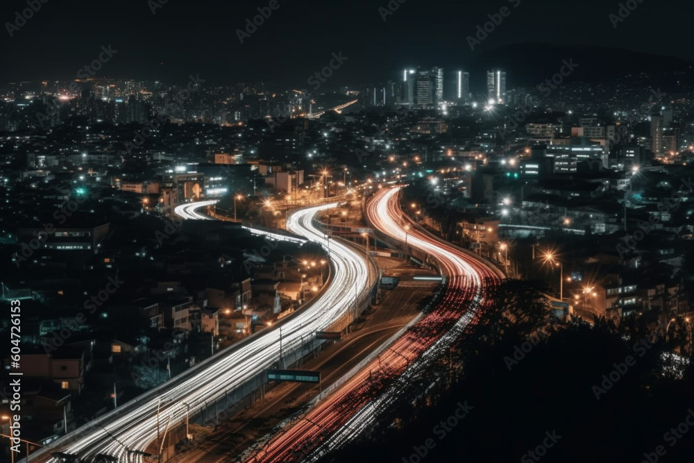 High angle view of light trails on road at night  Generative AI