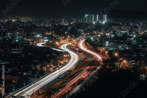 High angle view of light trails on road at night Generative AI