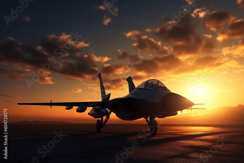 illustration 3d model of jet-fighter at sunset sky Generative AI