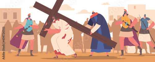Obraz na plátně Jesus, Burdened With The Weight Of Cross With Simon Of Cyrene Helps Him To Walk