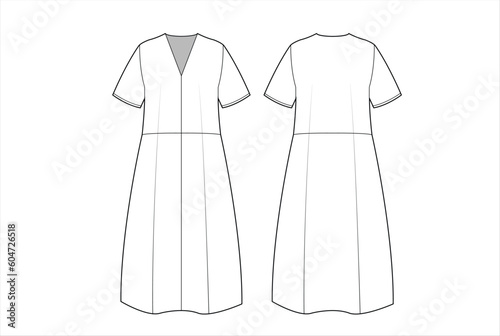 Ladies Short Sleeve Long Dress Vector Template